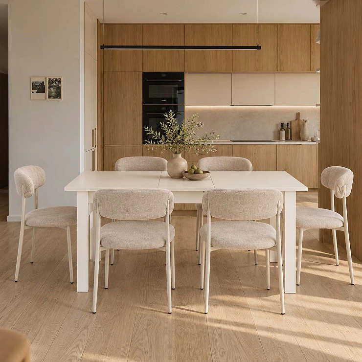 Spisegruppe med Bord Hvit 135x60 cm & 6 Beige Stoler Ivex