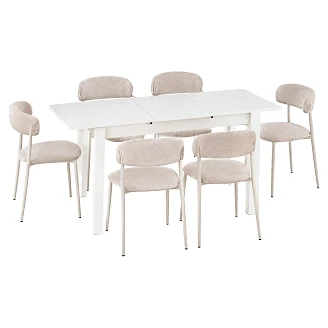 Spisegruppe med Bord Hvit 135x60 cm & 6 Beige Stoler Ivex
