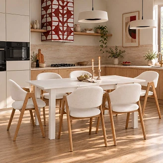 Spisegruppe med Bord Hvit 135x60 cm & 6 Hvite Stoler Ivex