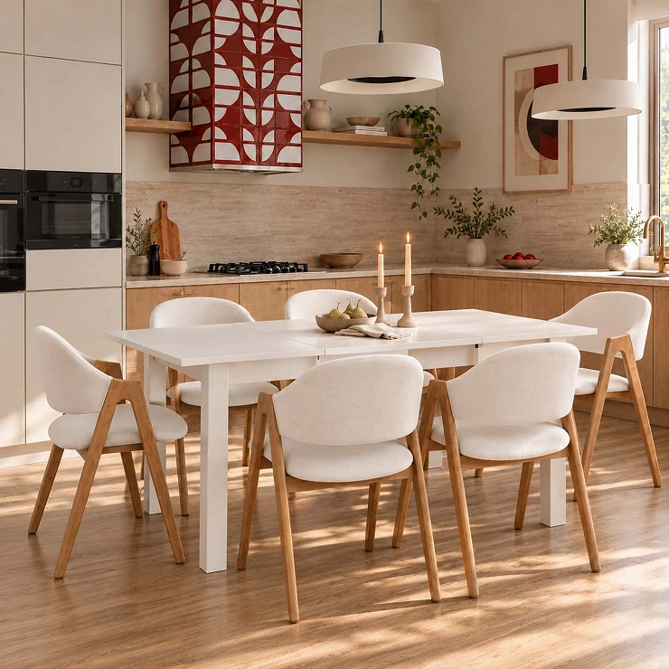 Spisegruppe med Bord Hvit 135x60 cm & 6 Hvite Stoler Ivex