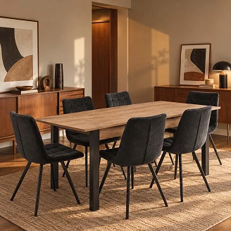 Spisegruppe med Bord Votan Eik, Svart 135x60 cm & 6 Svarte Stoler Ivex