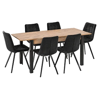 Spisegruppe med Bord Votan Eik, Svart 135x60 cm & 6 Svarte Stoler Ivex