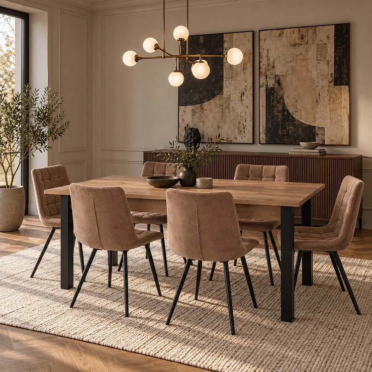 Spisegruppe med Bord Votan Eik, Svart 135x60 cm & 6 Cappuccino-Stoler Ivex