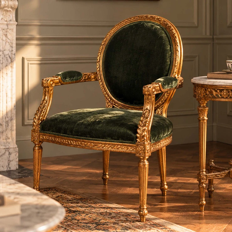 Fåtölj Armand Grön, Guld Silkesvelour